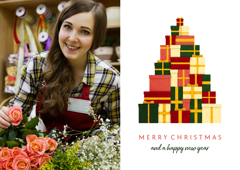 Zakelijke kerstkaart met foto en kerstboom van cadeaus - Zakelijke kerstkaarten Zakelijke kerstkaarten - Zakelijke kerstkaart met foto en kerstboom van cadeaus