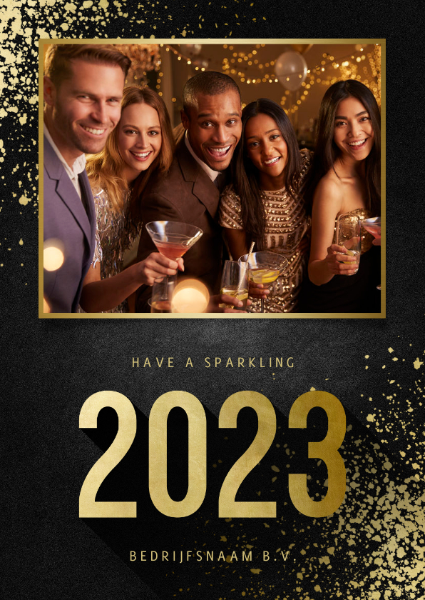 Zakelijke kerstkaart met foto goudlook 2022 en spetters - Zakelijke kerstkaarten Zakelijke kerstkaarten - Zakelijke kerstkaart met foto goudlook 2022 en spetters