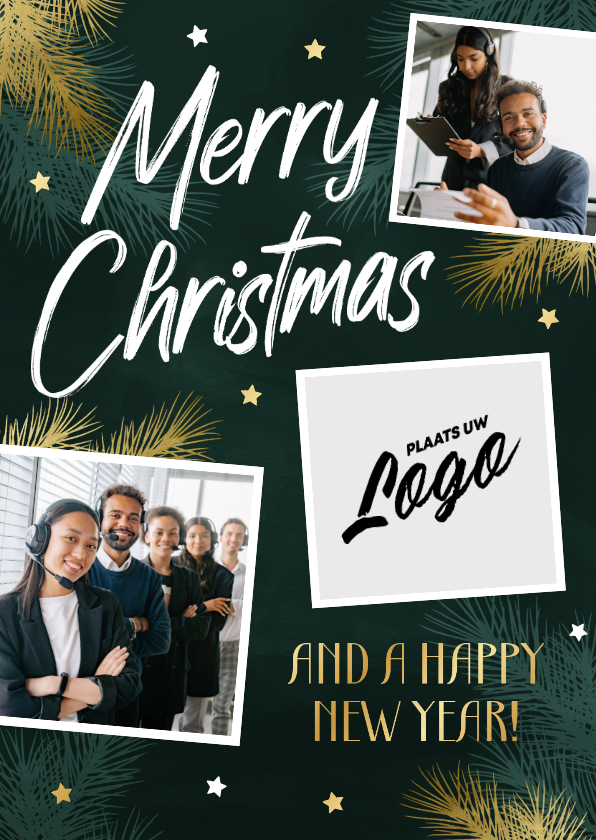 Zakelijke kerstkaart met fotocollage en goudlook sterren - Zakelijke kerstkaarten Zakelijke kerstkaarten - Zakelijke kerstkaart met fotocollage en goudlook sterren