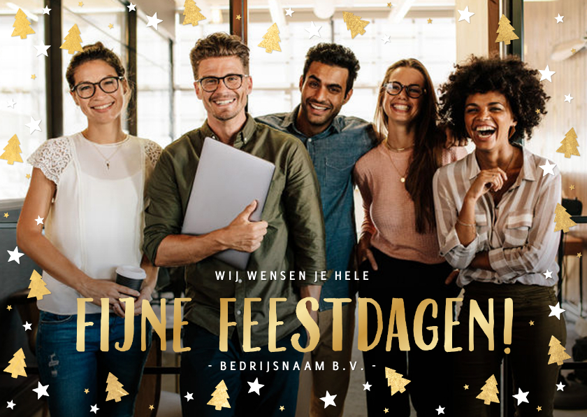 Zakelijke kerstkaart met gouden kerstboompjes en eigen foto - Zakelijke kerstkaarten Zakelijke kerstkaarten - Zakelijke kerstkaart met gouden kerstboompjes en eigen foto