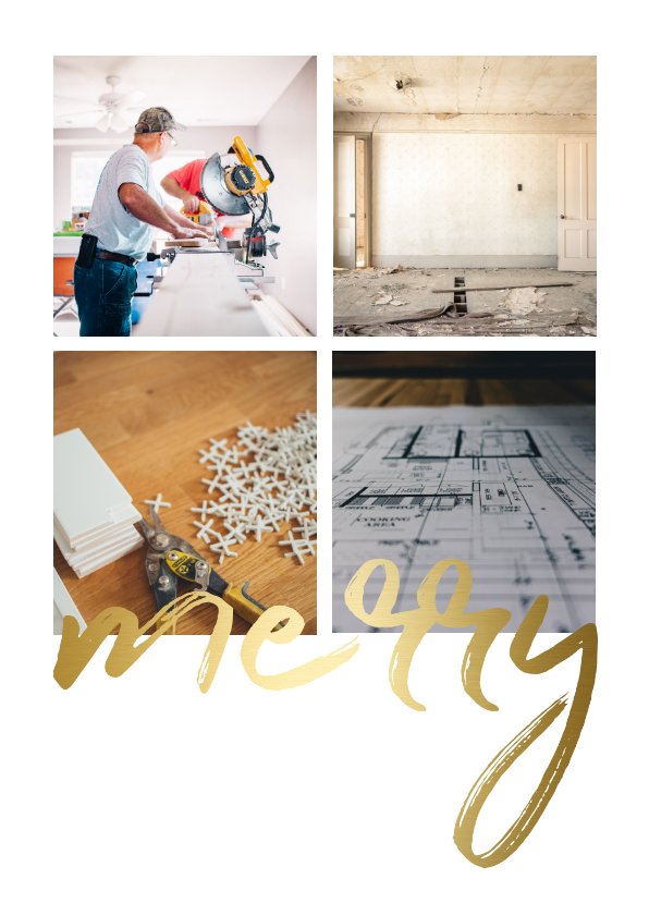 Zakelijke kerstkaart met gouden 'merry' en foto's - Zakelijke kerstkaarten Zakelijke kerstkaarten - Zakelijke kerstkaart met gouden 'merry' en foto's