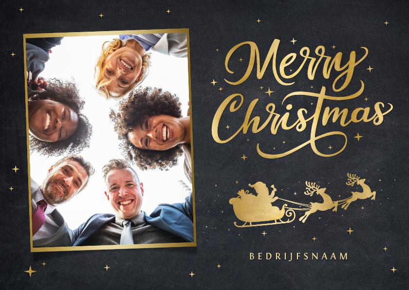 Zakelijke kerstkaart met gouden silhouet kerstman in slee - Zakelijke kerstkaarten Zakelijke kerstkaarten - Zakelijke kerstkaart met gouden silhouet kerstman in slee