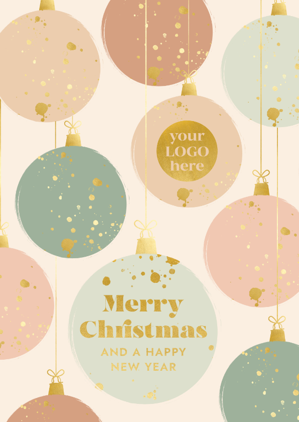 Zakelijke kerstkaart met kerstballen goudlook en eigen logo - Zakelijke kerstkaarten Zakelijke kerstkaarten - Zakelijke kerstkaart met kerstballen goudlook en eigen logo