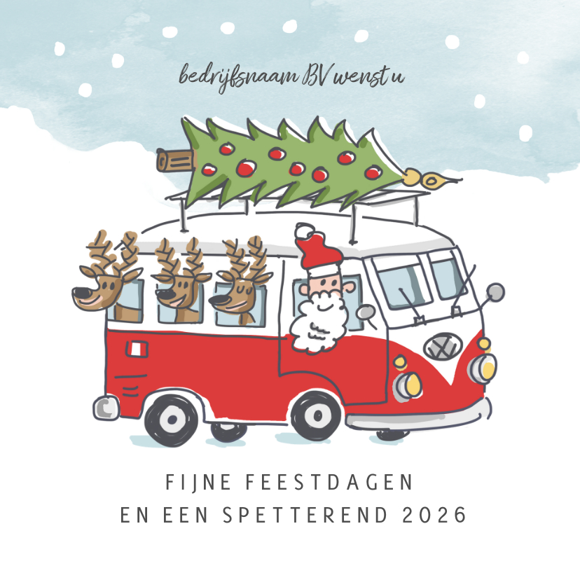 Zakelijke kerstkaart met kerstman en 3 rendieren in vwbusje - Zakelijke kerstkaarten Zakelijke kerstkaarten - Zakelijke kerstkaart met kerstman en 3 rendieren in vwbusje