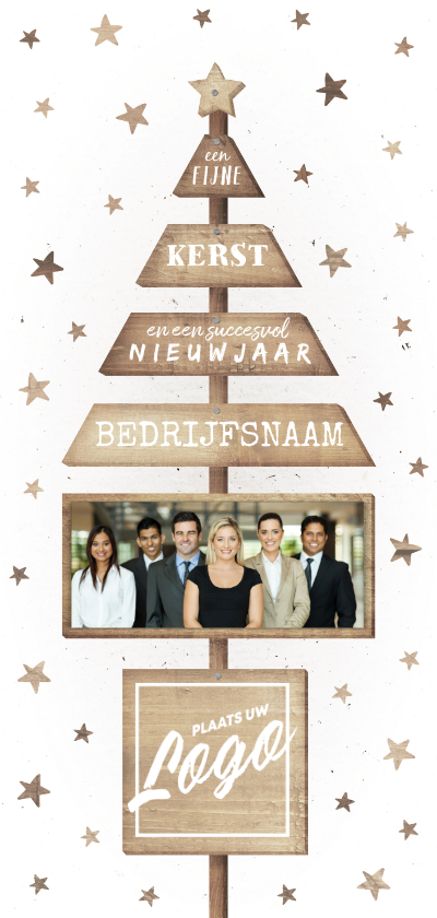 Zakelijke kerstkaart met logo, sterren en houten kerstboom - Zakelijke kerstkaarten Zakelijke kerstkaarten - Zakelijke kerstkaart met logo, sterren en houten kerstboom