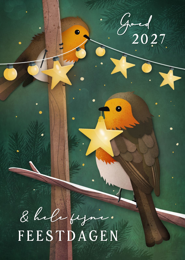 Zakelijke kerstkaarten - Zakelijke kerstkaart met roodborstjes en lampjes