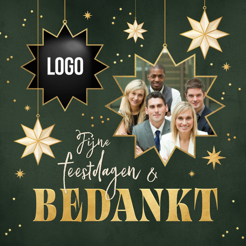 Zakelijke kerstkaart met sterren bedankt logo groen foto - Zakelijke kerstkaarten Zakelijke kerstkaarten - Zakelijke kerstkaart met sterren bedankt logo groen foto