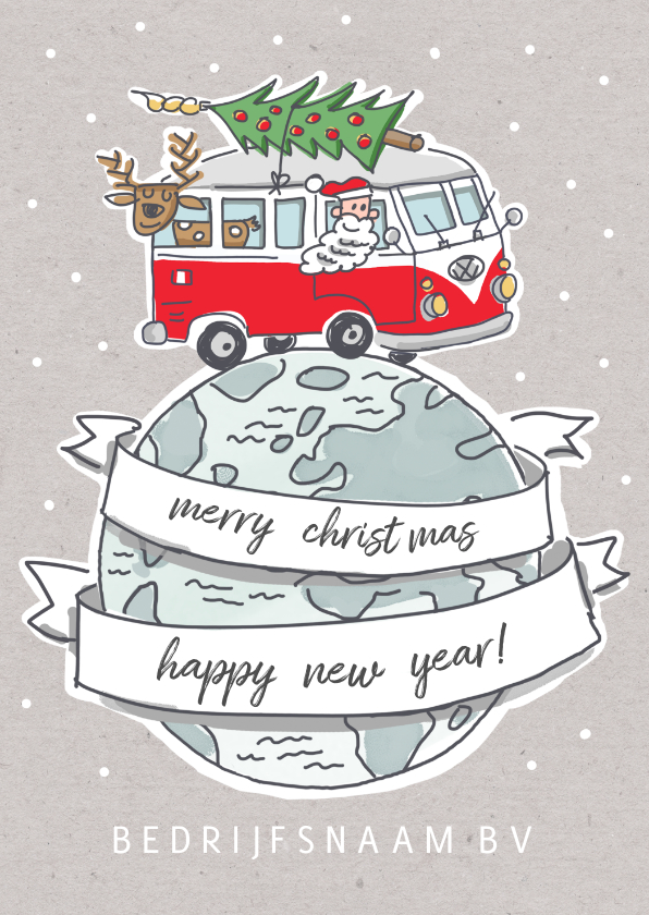 Zakelijke kerstkaart met vw busje op wereldbol - Zakelijke kerstkaarten Zakelijke kerstkaarten - Zakelijke kerstkaart met vw busje op wereldbol