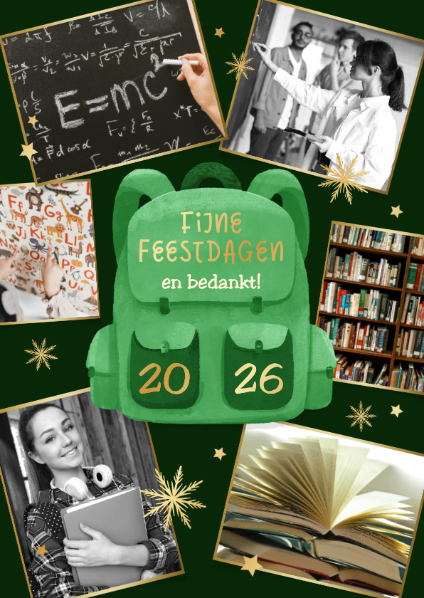 Zakelijke kerstkaarten - Zakelijke kerstkaart onderwijs rugzak fotocollage sterren