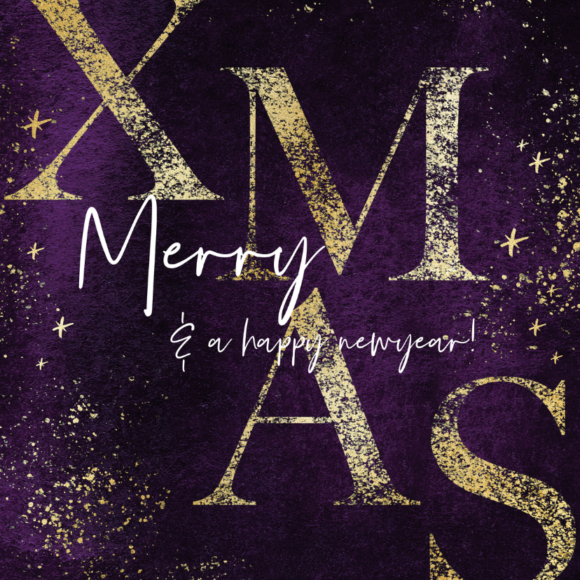 Zakelijke kerstkaarten -  Zakelijke kerstkaart paars 'Merry Xmas' goudlook sterren