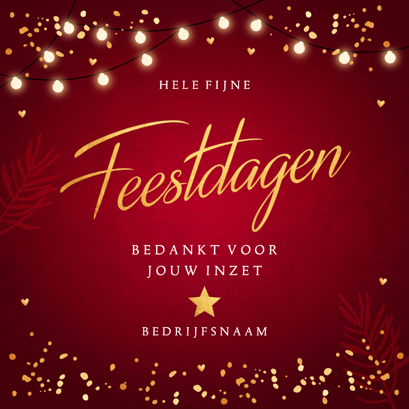 Zakelijke kerstkaart rood Fijne Feestdagen goudlook lampjes - Zakelijke kerstkaarten Zakelijke kerstkaarten - Zakelijke kerstkaart rood Fijne Feestdagen goudlook lampjes