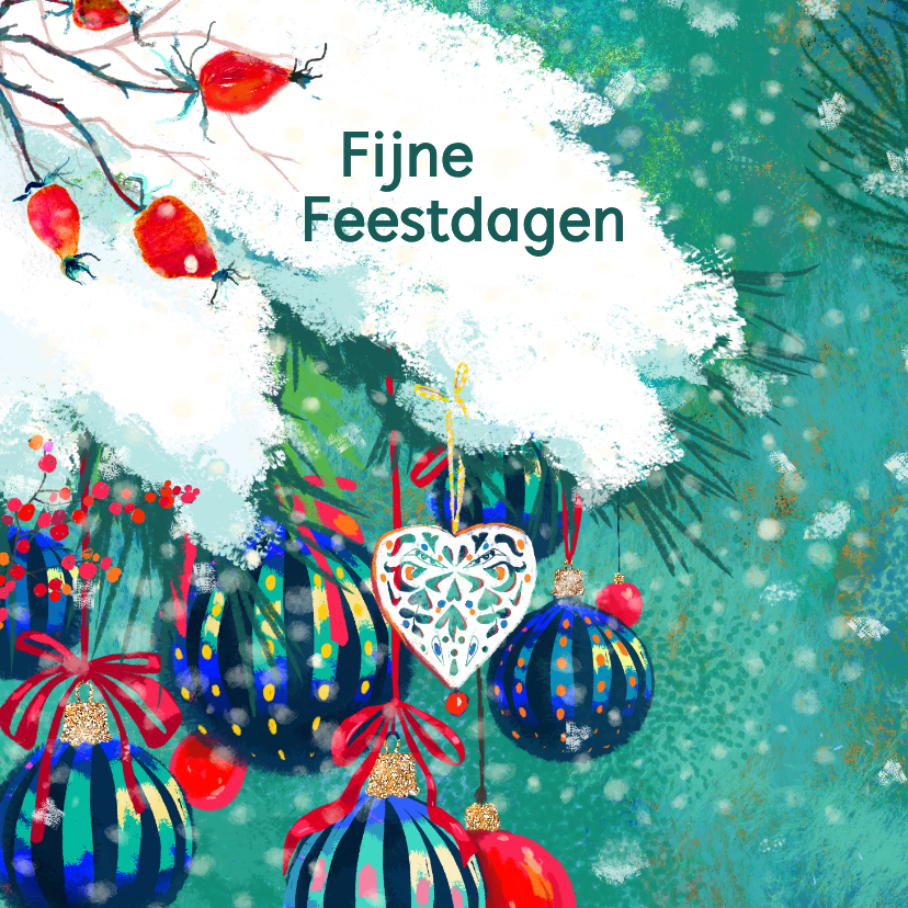Zakelijke kerstkaarten - Zakelijke kerstkaart sneeuw op dennenboom en kerstballen