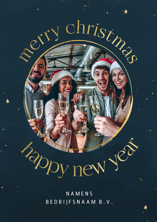 Zakelijke kerstkaart speelse tekst met foto goudfolie - Zakelijke kerstkaarten Zakelijke kerstkaarten - Zakelijke kerstkaart speelse tekst met foto goudfolie
