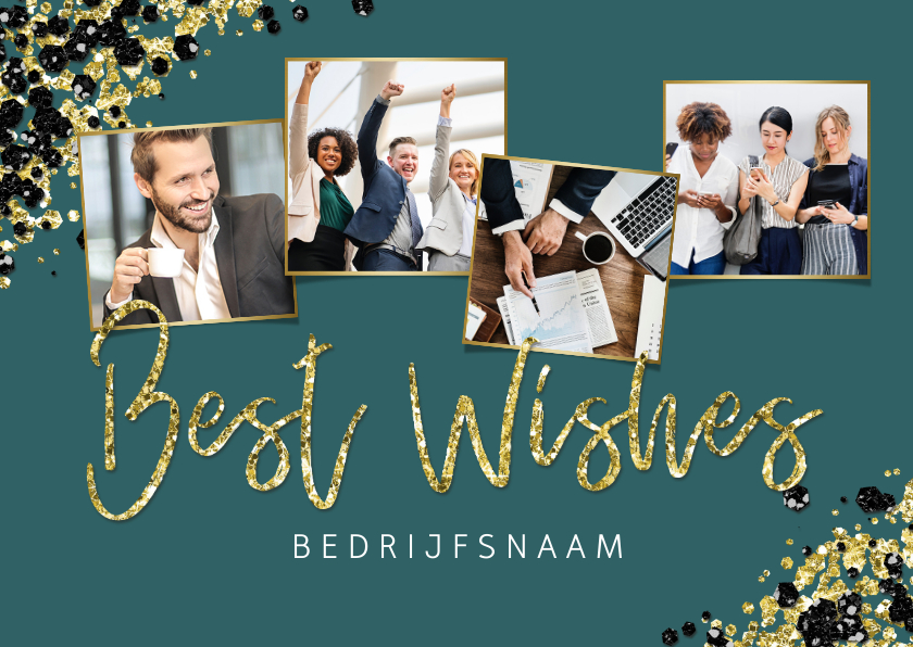 Zakelijke kerstkaart stijlvol goud fotocollage best wishes - Zakelijke kerstkaarten Zakelijke kerstkaarten - Zakelijke kerstkaart stijlvol goud fotocollage best wishes
