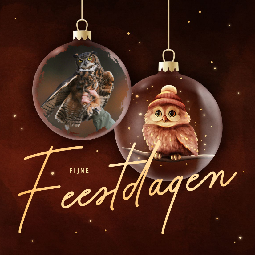 Zakelijke kerstkaart vogel kerstballen met foto en uil - Zakelijke kerstkaarten Zakelijke kerstkaarten - Zakelijke kerstkaart vogel kerstballen met foto en uil