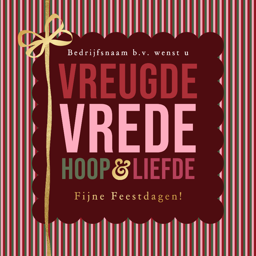 Zakelijke kerstkaart vreugde vrede streep strik goud - Zakelijke kerstkaarten Zakelijke kerstkaarten - Zakelijke kerstkaart vreugde vrede streep strik goud