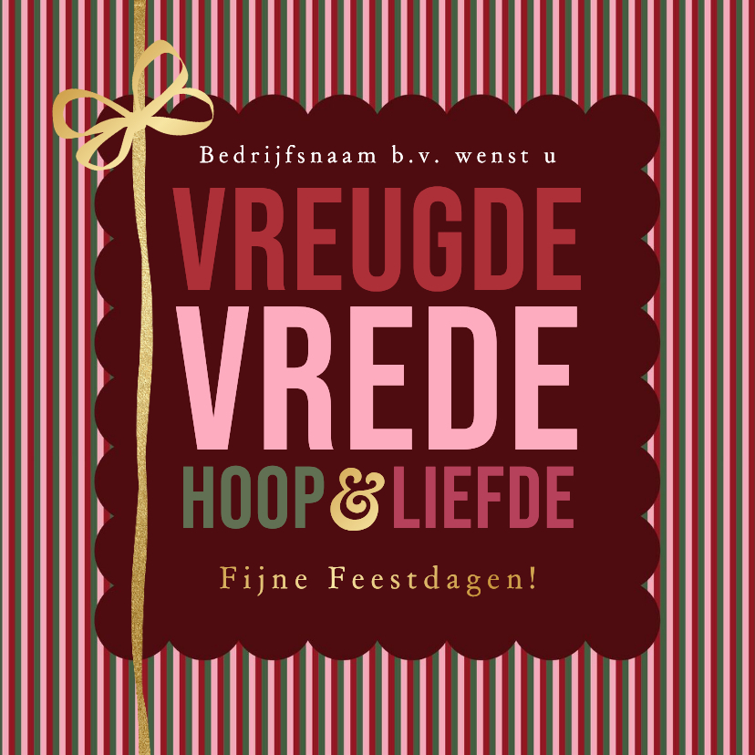 Zakelijke kerstkaarten - Zakelijke kerstkaart vreugde vrede streep strik goud