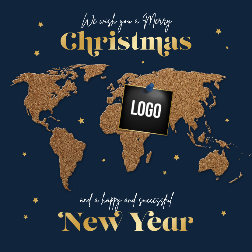 Zakelijke kerstkaart wereldkaart kurk sterren logo - Zakelijke kerstkaarten Zakelijke kerstkaarten - Zakelijke kerstkaart wereldkaart kurk sterren logo