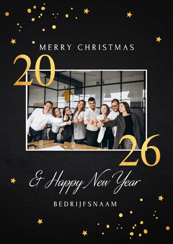 Zakelijke kerstkaart zwart foto goudlook jaartal 2026 - Zakelijke kerstkaarten Zakelijke kerstkaarten - Zakelijke kerstkaart zwart foto goudlook jaartal 2026