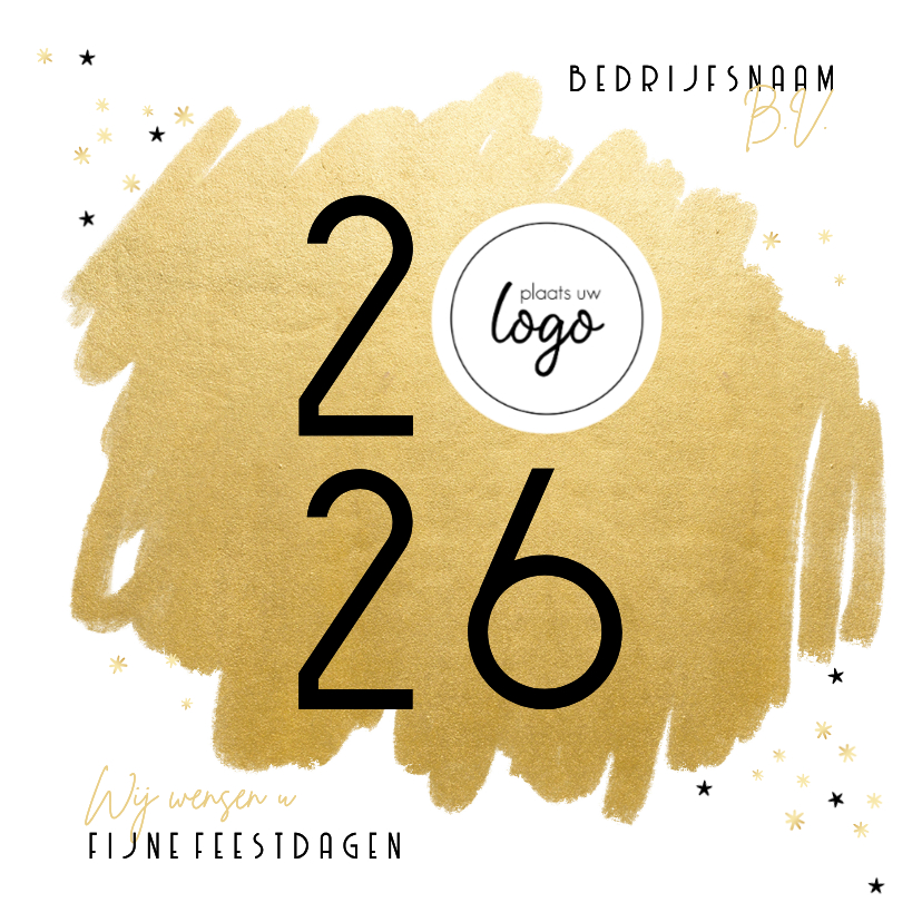 Zakelijke kerstkaarten - Zakelijke kerstkaart zwart wit goudlook sterren jaartal logo