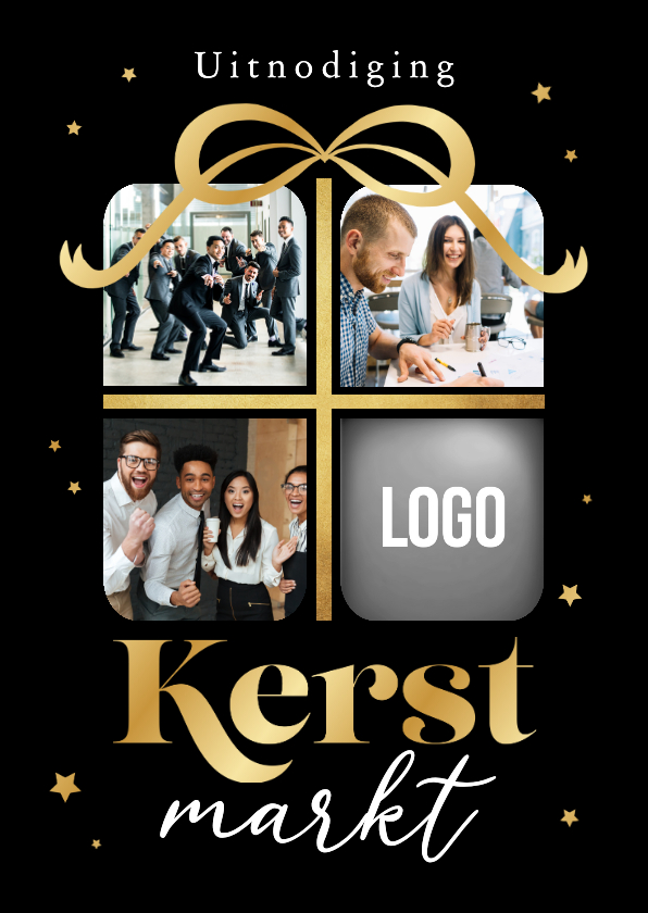 Zakelijke kerstkaarten - Zakelijke kerstmarkt uitnodiging cadeau foto's logo sterren 