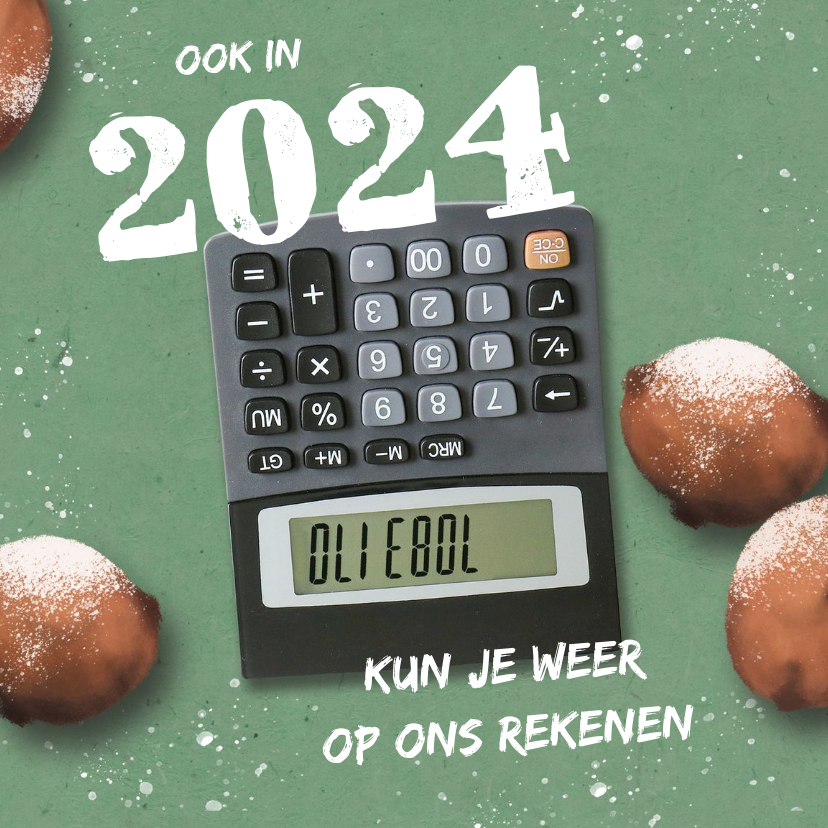 Zakelijke kerstkaarten - Zakelijke nieuwjaarskaart met oliebollen en rekenmachine