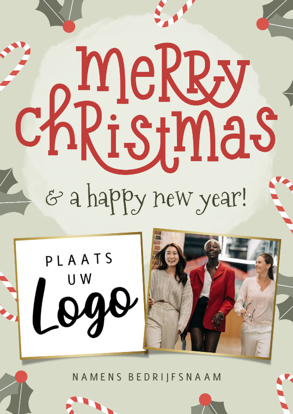 Zakelijke typografische kerstkaart met zuurstok en hulst - Zakelijke kerstkaarten Zakelijke kerstkaarten - Zakelijke typografische kerstkaart met zuurstok en hulst