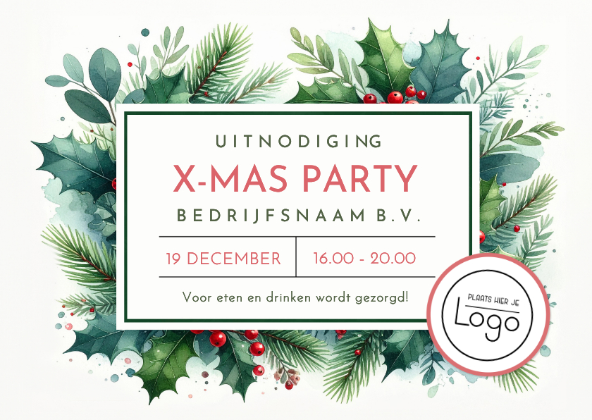 Zakelijke uitnodiging kerstviering met hulst en takjes - Zakelijke kerstkaarten Zakelijke kerstkaarten - Zakelijke uitnodiging kerstviering met hulst en takjes