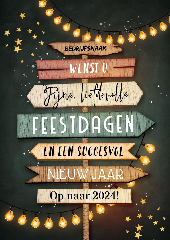 Zakelijke wegwijzers kerstkaart uitnodiging hout lampjes - Zakelijke kerstkaarten Zakelijke kerstkaarten - Zakelijke wegwijzers kerstkaart uitnodiging hout lampjes