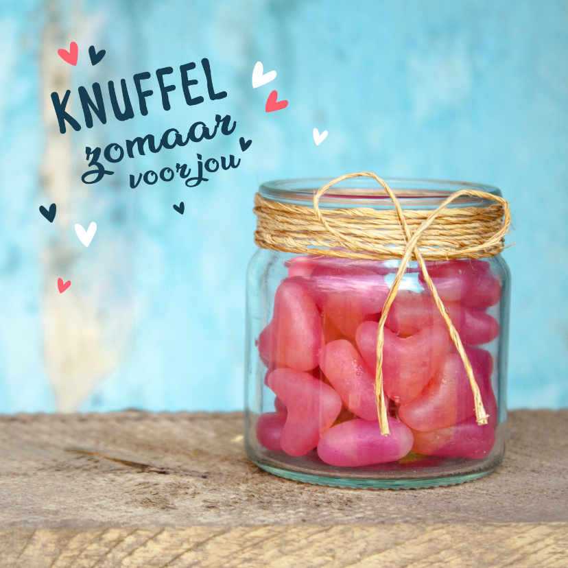 Ik denk aan je kaart met een glazen pot met roze hartjes - Zomaar kaarten Zomaar kaarten - Ik denk aan je kaart met een glazen pot met roze hartjes