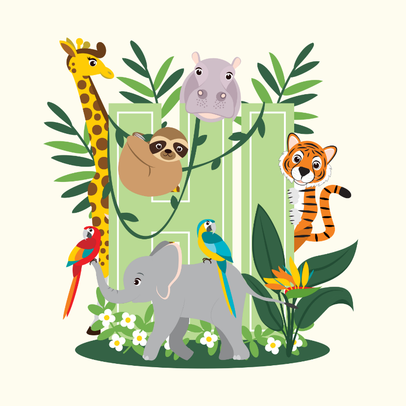 Kaartje met lieve jungledieren die hi zeggen - Zomaar kaarten Zomaar kaarten - Kaartje met lieve jungledieren die hi zeggen