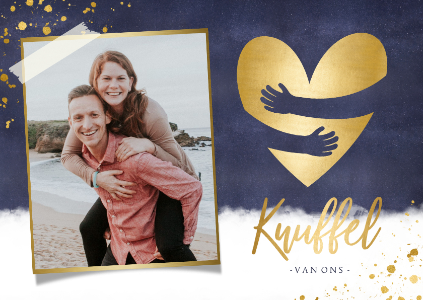 Stijlvolle knuffel kaart met foto en gouden hart omhelzing - Zomaar kaarten Zomaar kaarten - Stijlvolle knuffel kaart met foto en gouden hart omhelzing