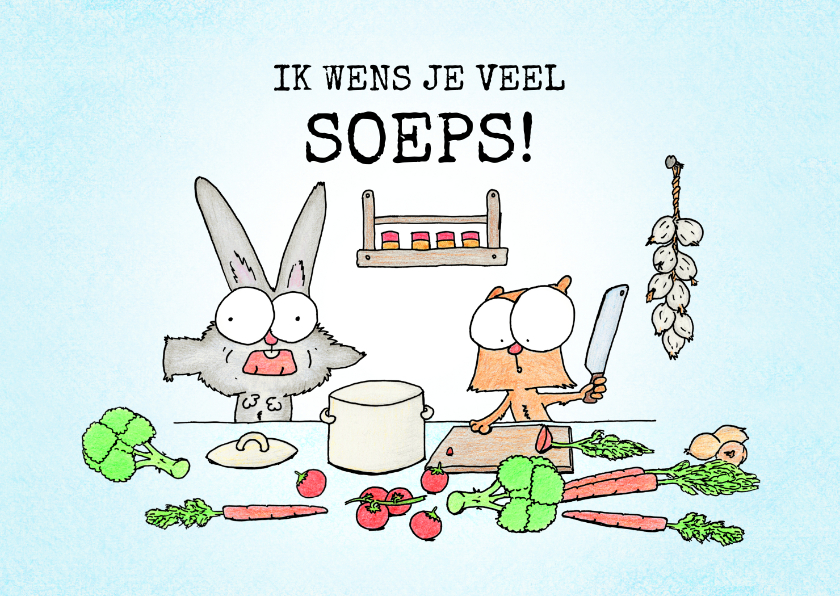 Succes kaart met een konijn en een eekhoorn in de keuken - Zomaar kaarten Zomaar kaarten - Succes kaart met een konijn en een eekhoorn in de keuken