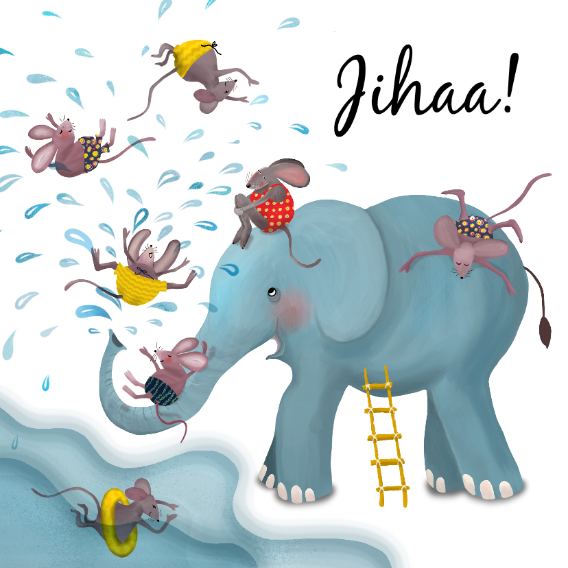 Waterpret met olifant en muizen - Zomaar kaarten Zomaar kaarten - Waterpret met olifant en muizen