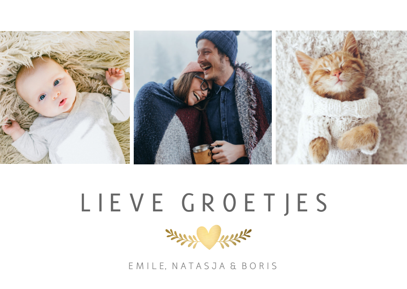 Zomaar fotocollage kaart met gouden hartje en 3 foto's - Zomaar kaarten Zomaar kaarten - Zomaar fotocollage kaart met gouden hartje en 3 foto's