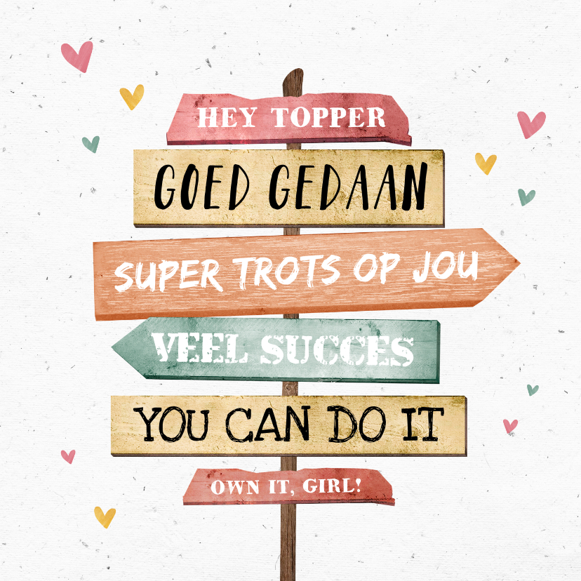 Zomaar kaart goed gedaan trots succes wegwijzers hartjes - Zomaar kaarten Zomaar kaarten - Zomaar kaart goed gedaan trots succes wegwijzers hartjes