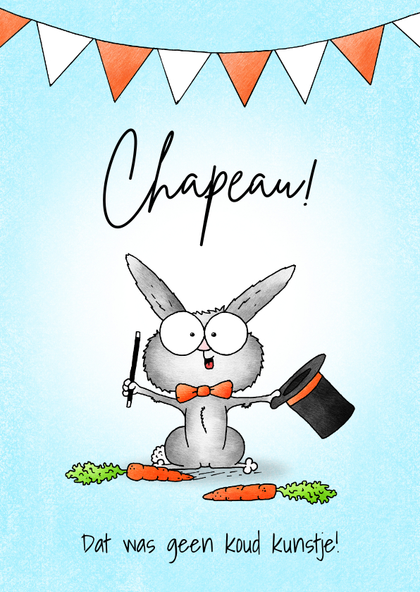 Zomaar kaart lief goochelaar konijntje met hoed - Chapeau! - Zomaar kaarten Zomaar kaarten - Zomaar kaart lief goochelaar konijntje met hoed - Chapeau!
