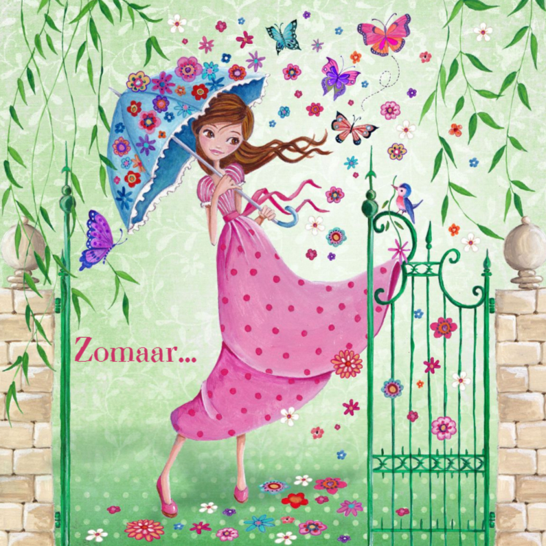 Zomaar Meisje Bloemen Vlinders Tuin - Zomaar kaarten Zomaar kaarten - Zomaar Meisje Bloemen Vlinders Tuin